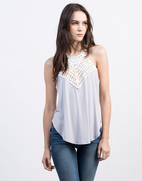 Crochet Front Strappy Top - Grey Tank - Black Tank Top – 2020AVE