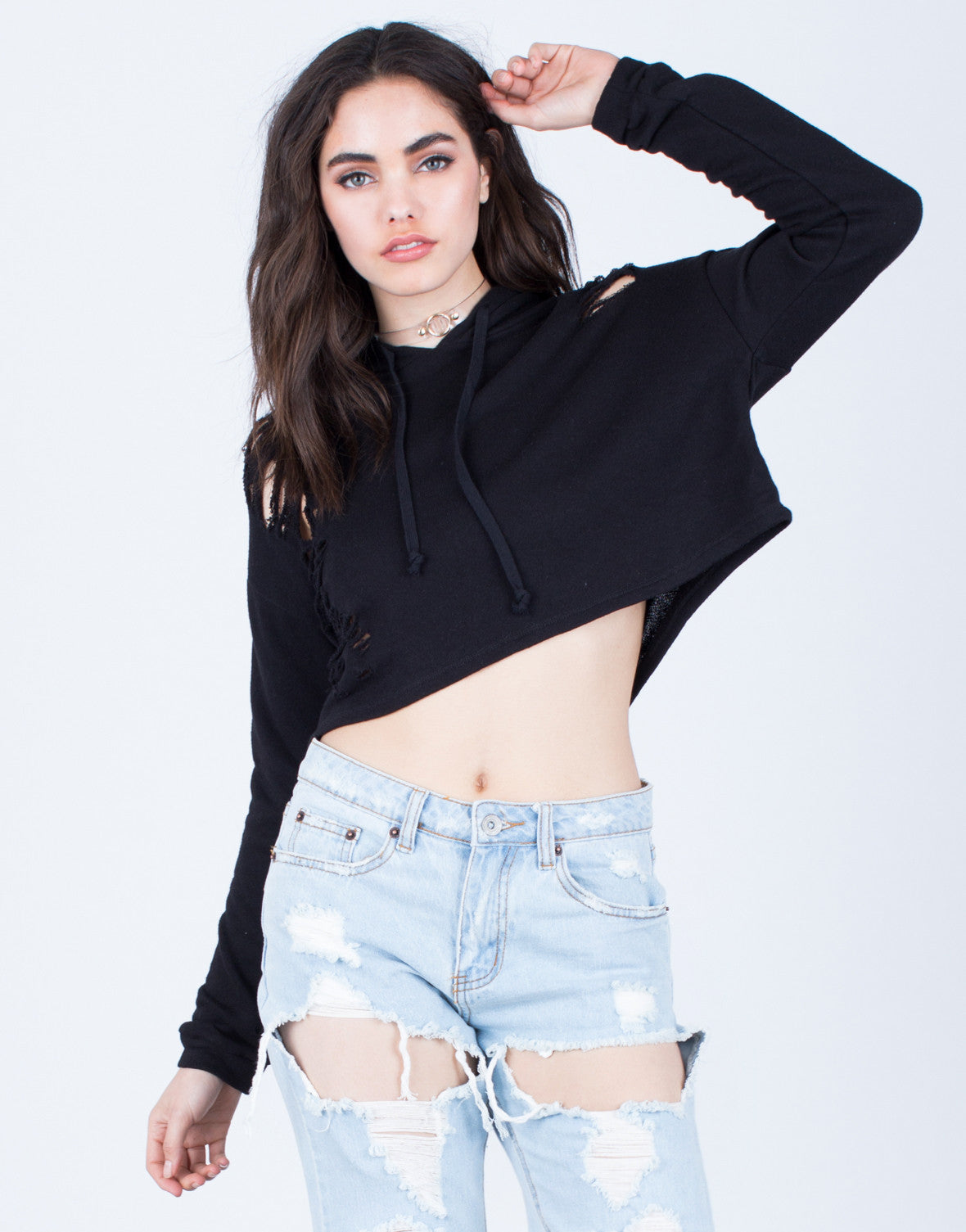 Cropped Hoodie Sweater Destroyed Crop  Top  Black Hoodie 