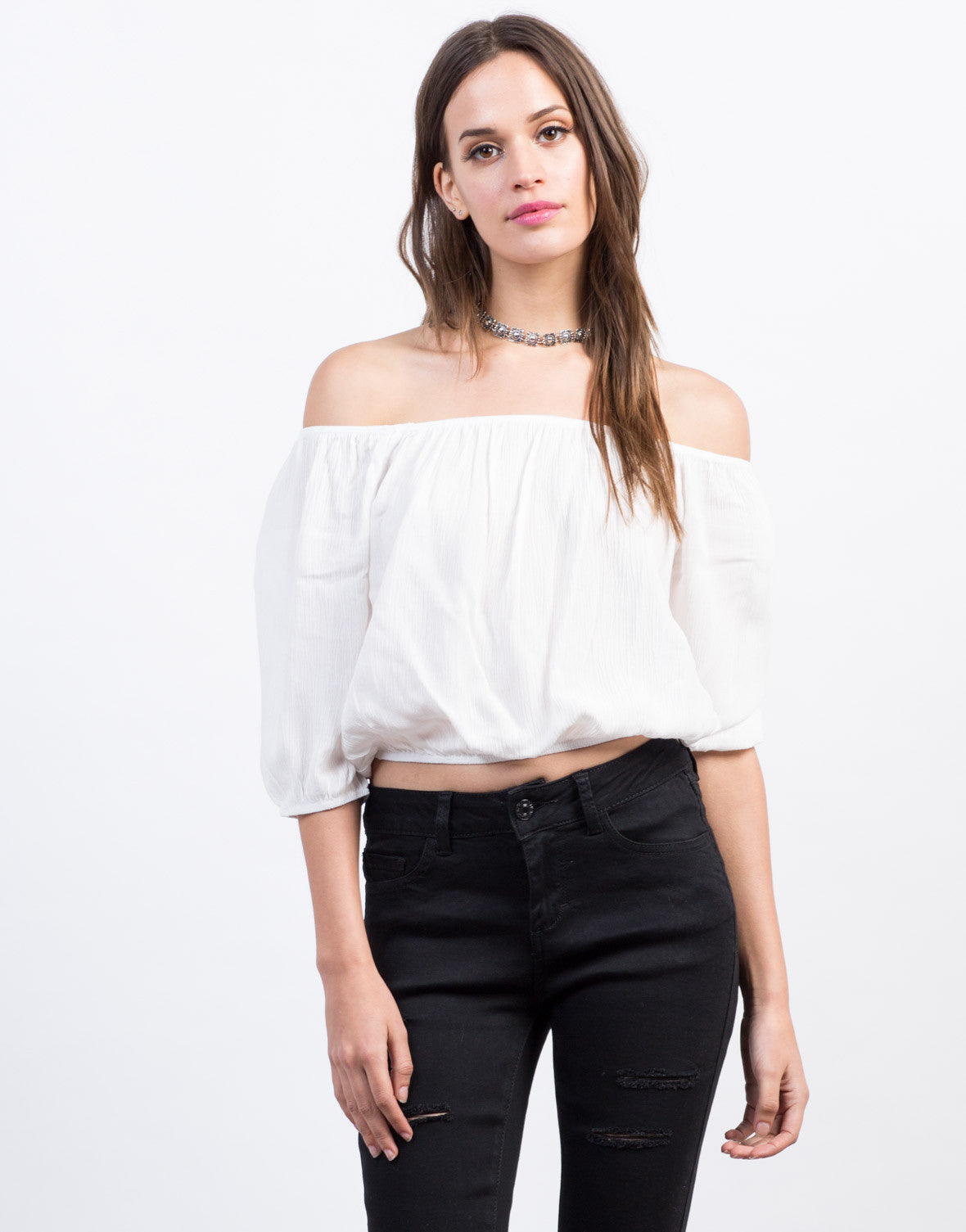 Cropped Off-the-Shoulder Top - White Blouse - Black Top – 2020AVE