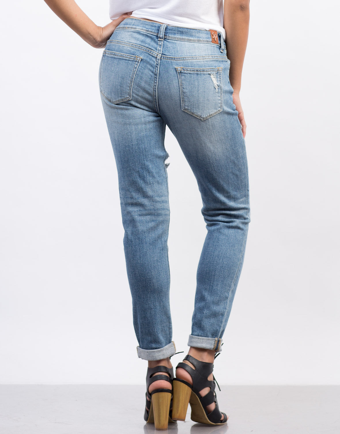 Cuffed Boyfriend Jeans - Blue Denim Jeans - Destroyed Denim ...