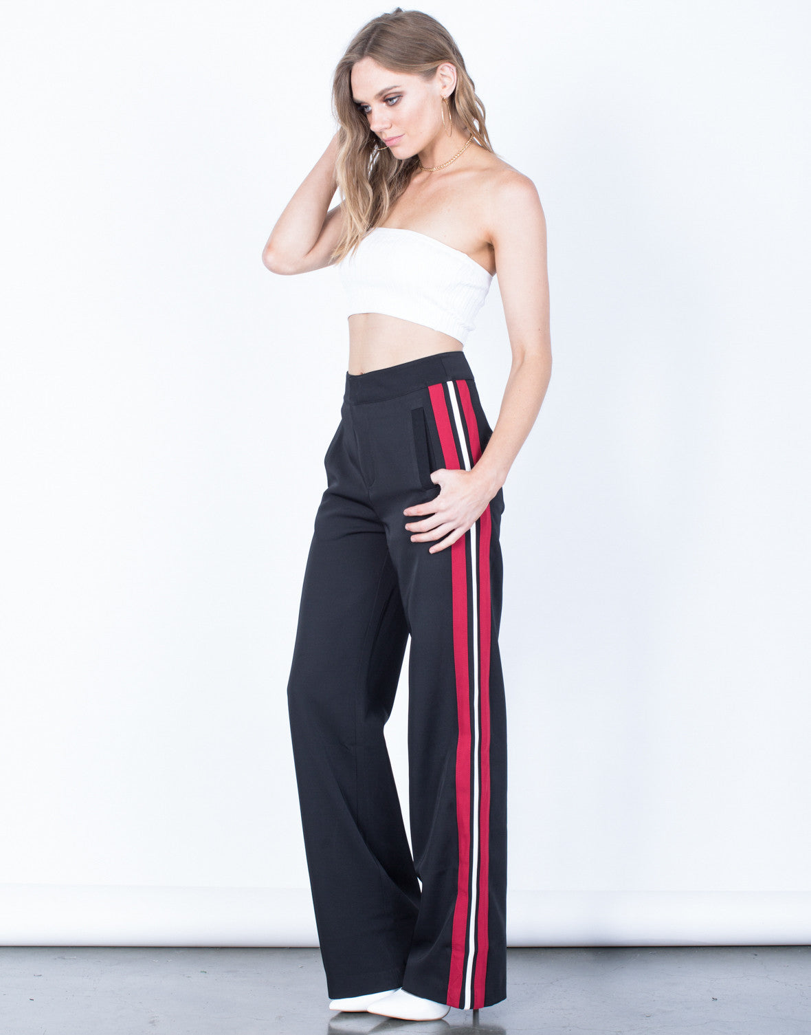 black pants with red stripe outfit