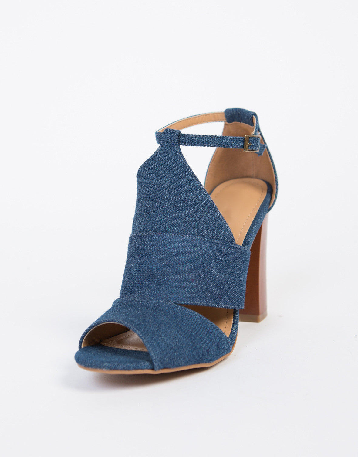 Denim Block Heel Sandals - Blue Denim T Strap Heels - Open Toe Heels ...