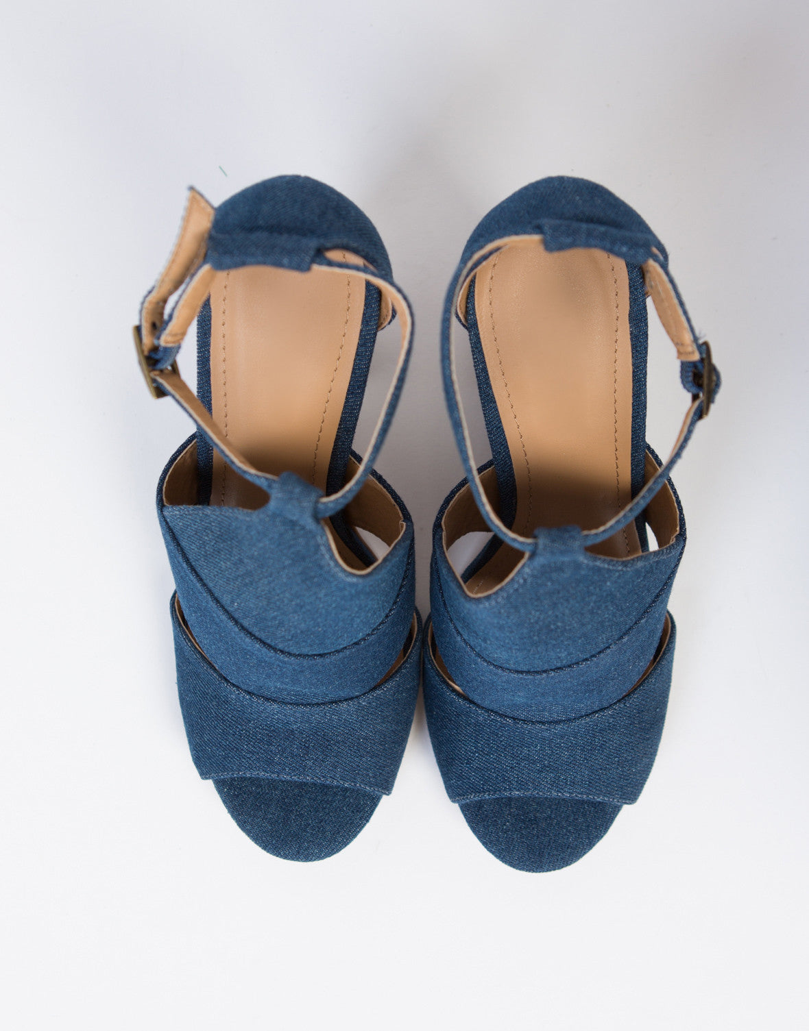 Denim Block Heel Sandals - Blue Denim T Strap Heels - Open Toe Heels ...