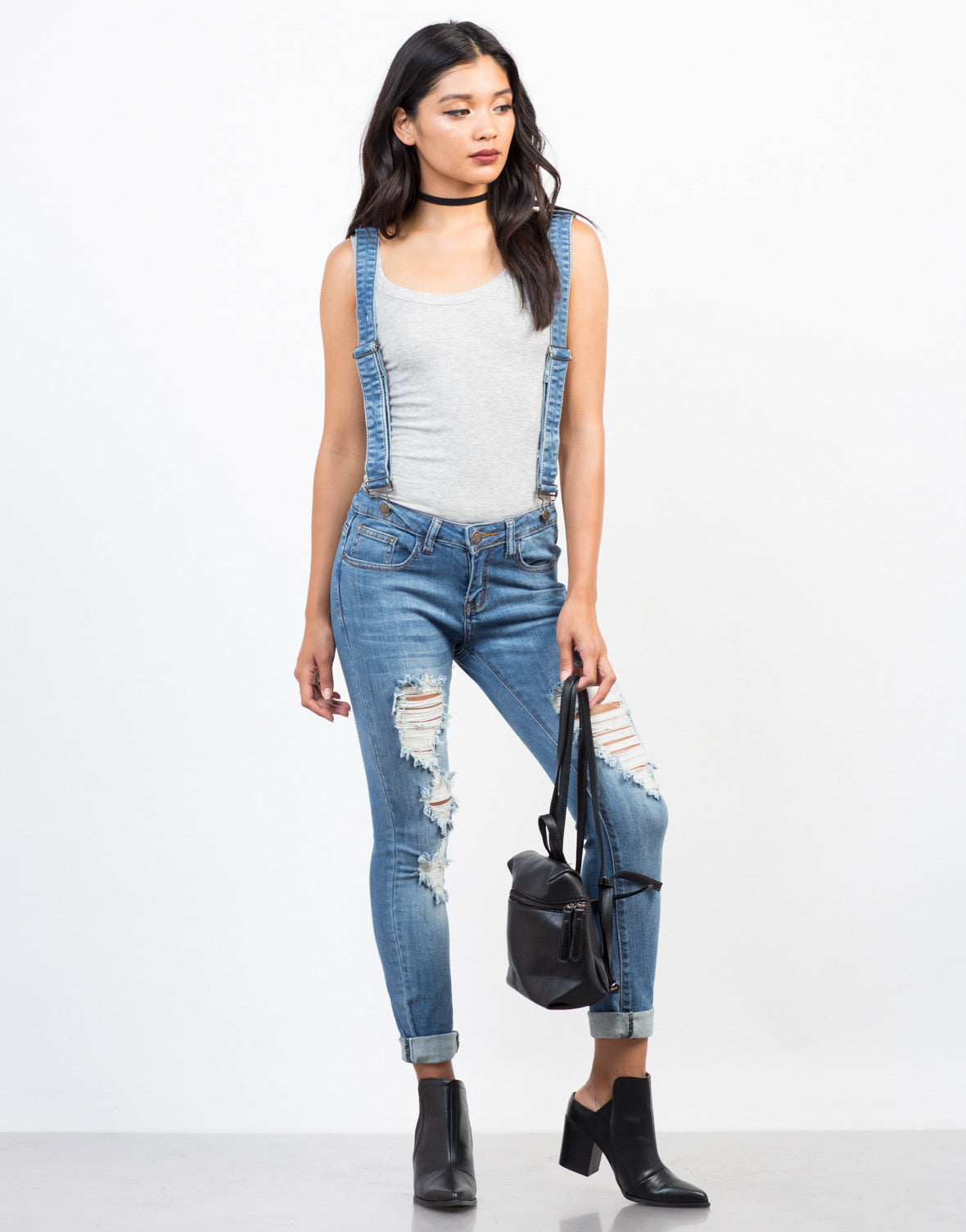 suspender denim jumpsuit