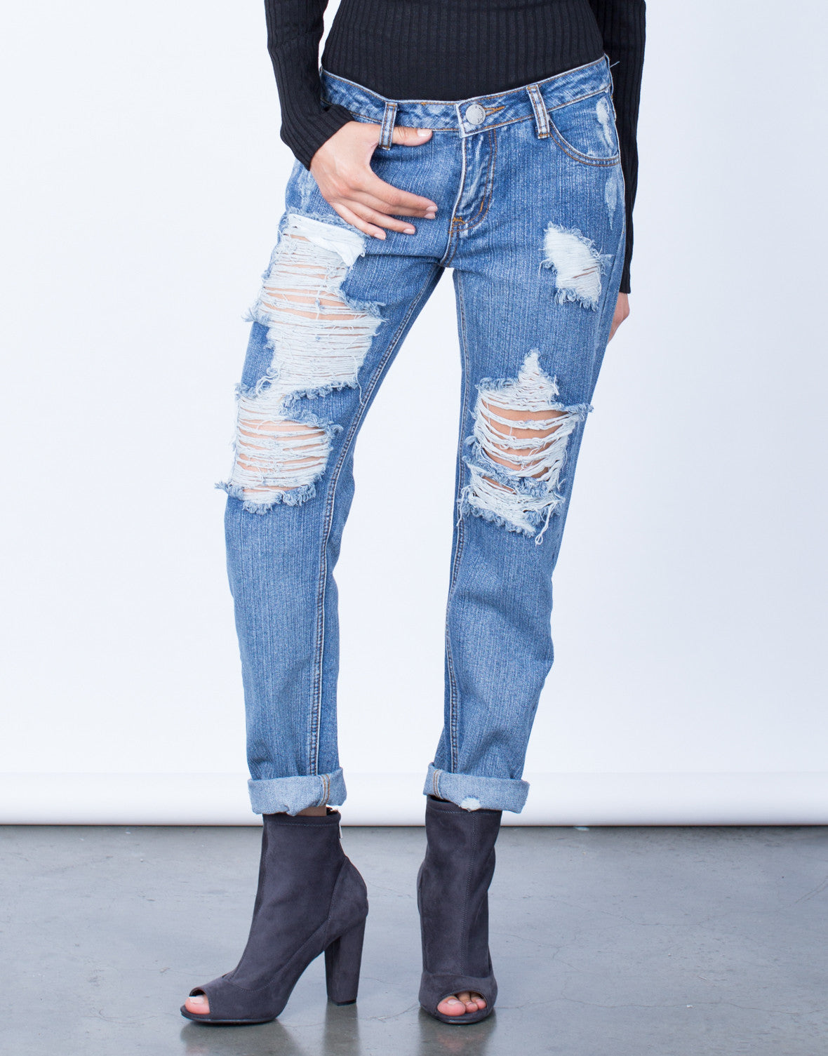 Destroyed Pocket Boyfriend Jeans - Cropped Boyfriend Jeans - Blue Denim ...