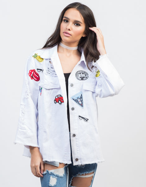 Distressed Patched Denim Jacket - White Embroidered Patch Denim Jacket ...
