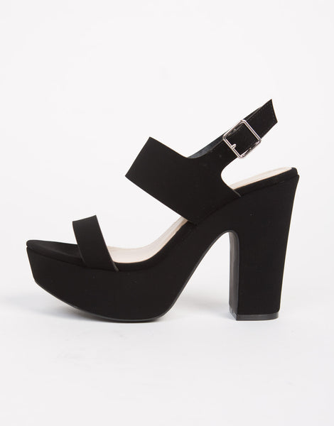 Double Banded Platform Heels - Chunky Peep Toe Heels - Black Heels ...