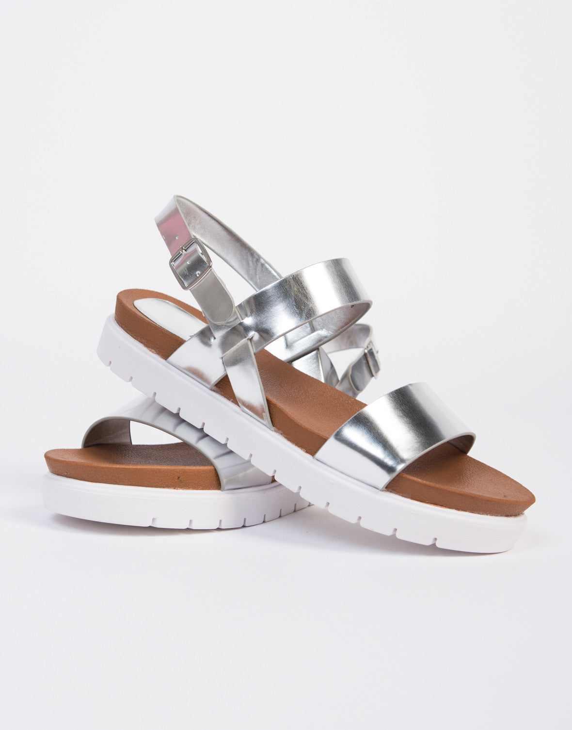 Double Banded Platform Sandals - Silver Flatform Sandals – 2020AVE