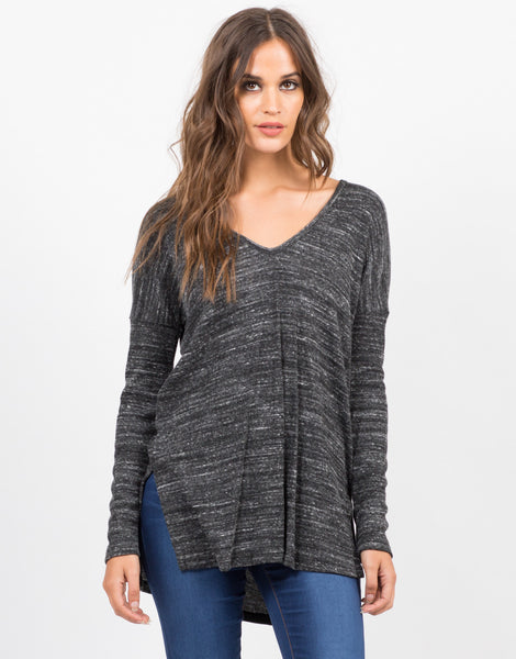 Double Slit Long Sleeve Top - Grey Sweater - Womens Tops – 2020AVE