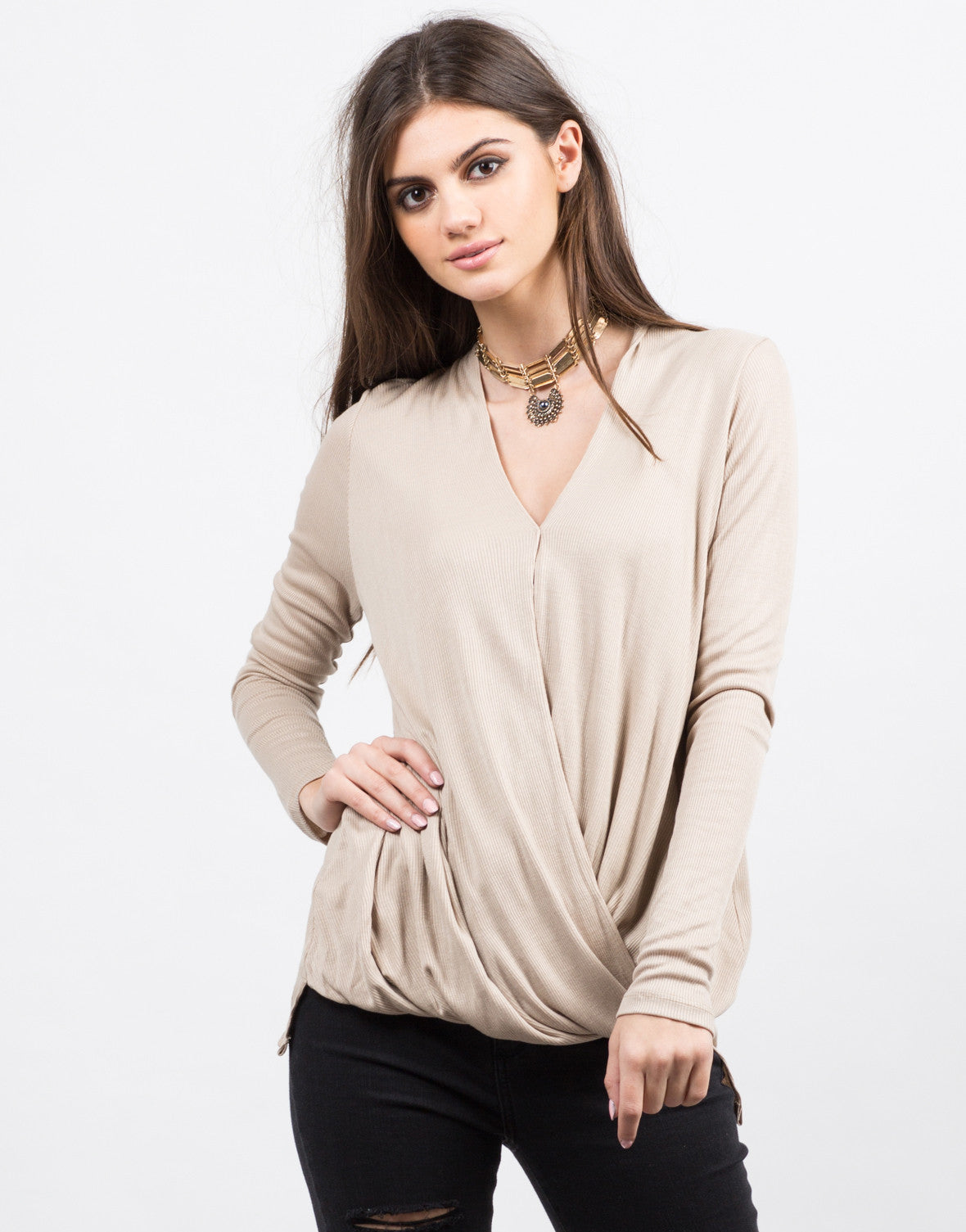 Drape Front Ribbed Top - Cross Front Top - Brown Top – 2020AVE