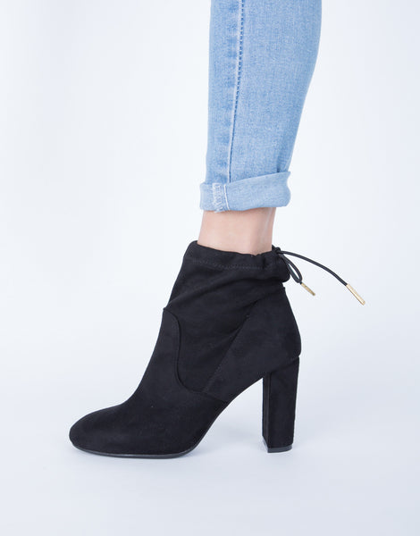 Drawstring Heeled Booties - Black Suede Booties - Suede Heel Boots ...