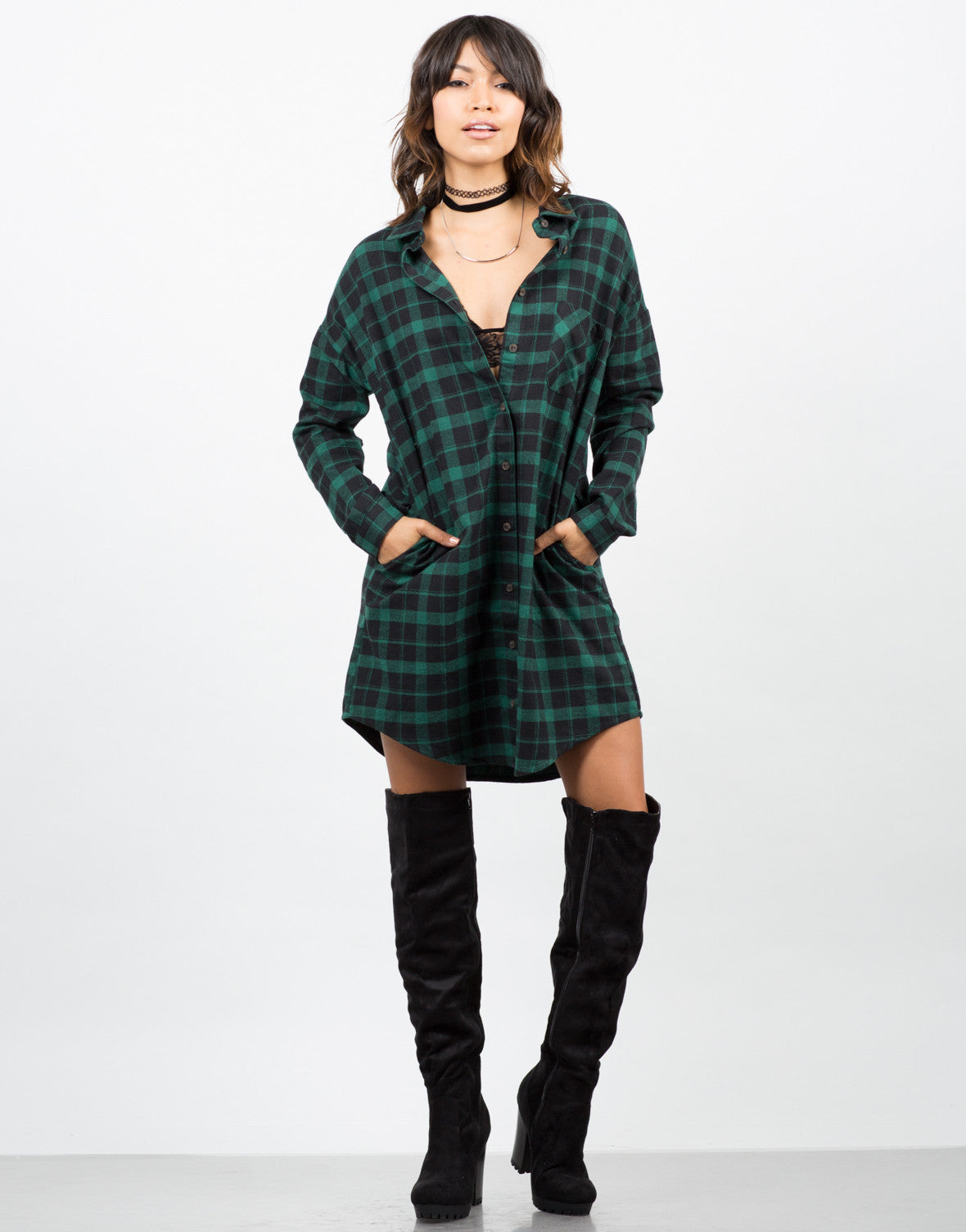 plaid shirt dress with knee high boots