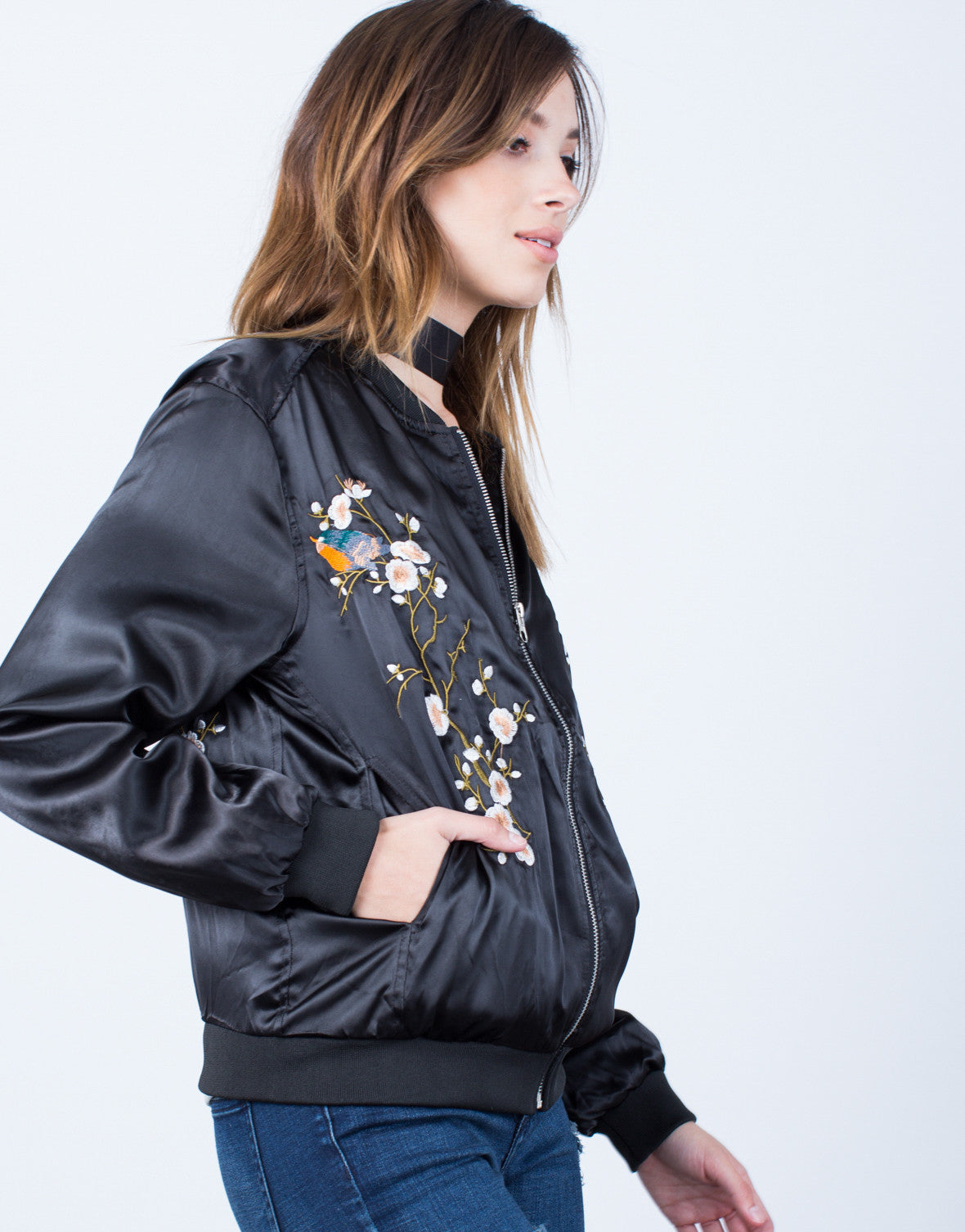 Floral Embroidered Satin Bomber Jacket - Black Silky Satin ...