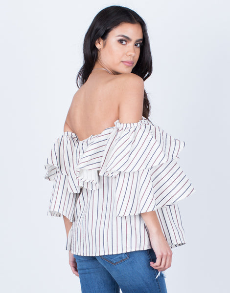 Flowy Draped Blouse - Striped Off the Shoulder Top - Ruffled Blouse ...