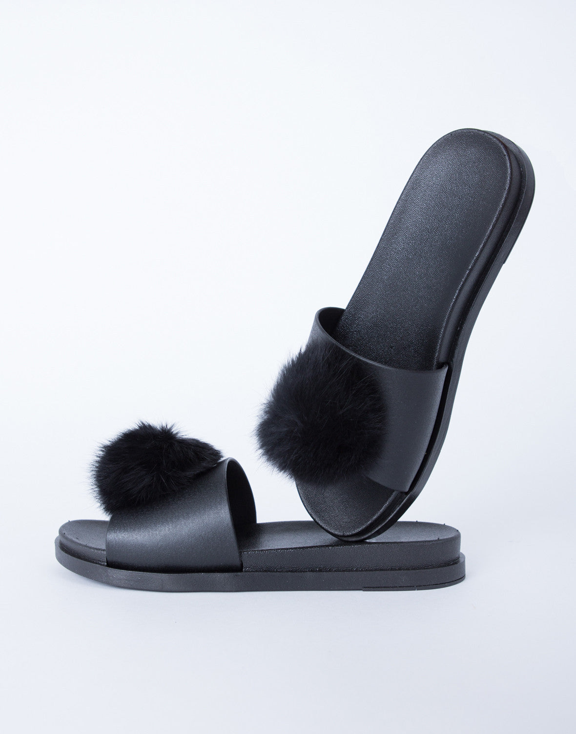 Furry Pom Pom Slides - Black Fur Pom Slides - Gray Furry Pom Slippers ...