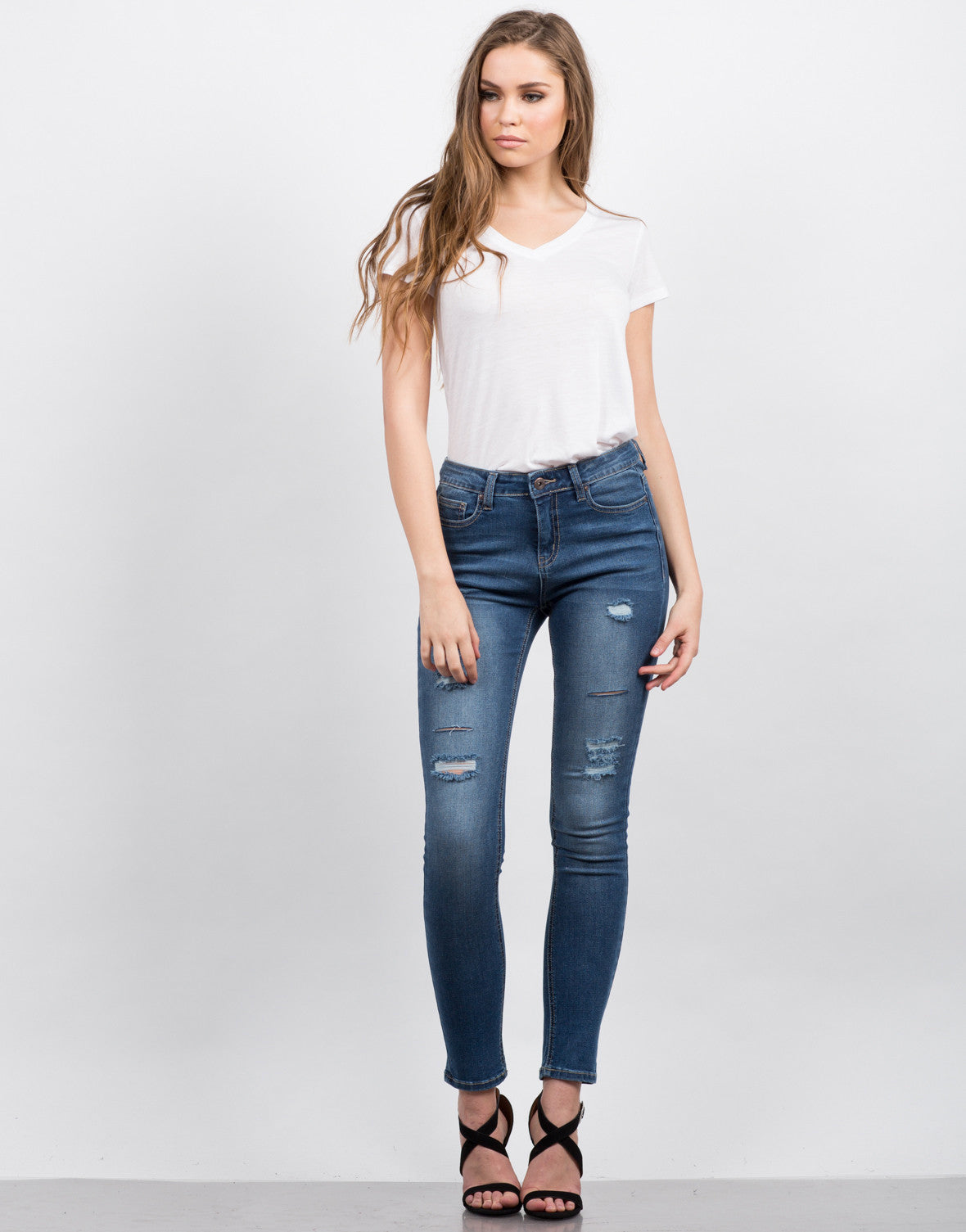 High Waisted Destroyed Jeans - Blue Denim - Distressed Jeans – 2020AVE