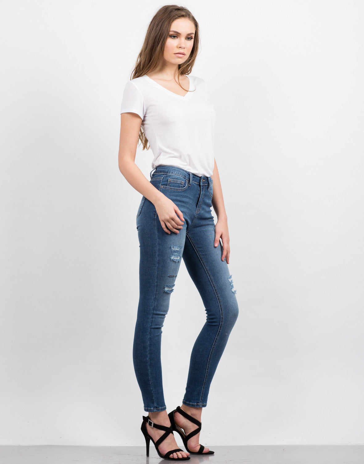 High Waisted Destroyed Jeans - Blue Denim - Distressed Jeans – 2020AVE