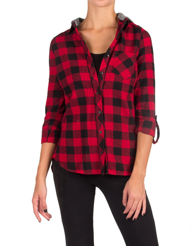 Hooded Plaid Print Button Up Shirt - Red/Black