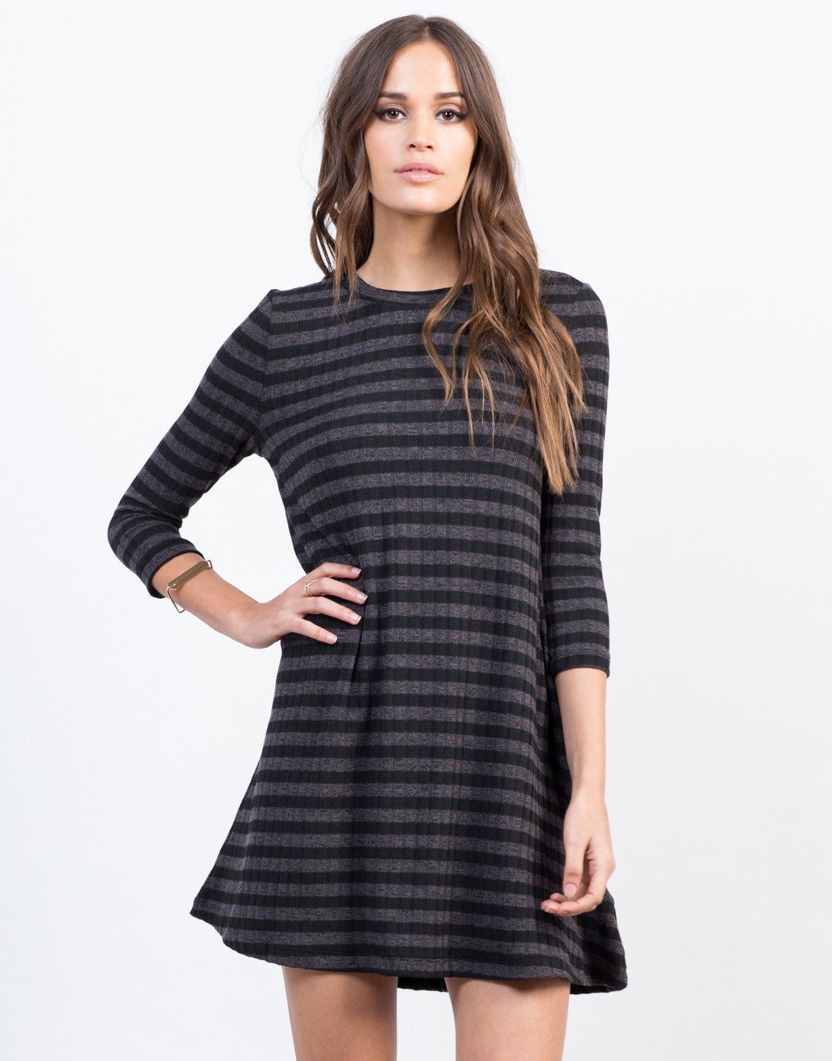 Knitted Stripe Swing Dress - Day Dress - Grey Dress – 2020AVE