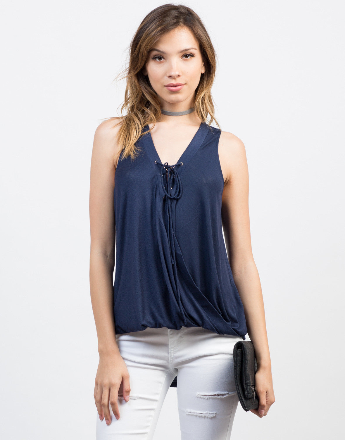 Lace Me Up Tank - Navy Blue Lace Up Tank Top - Overlapping Tank – 2020AVE