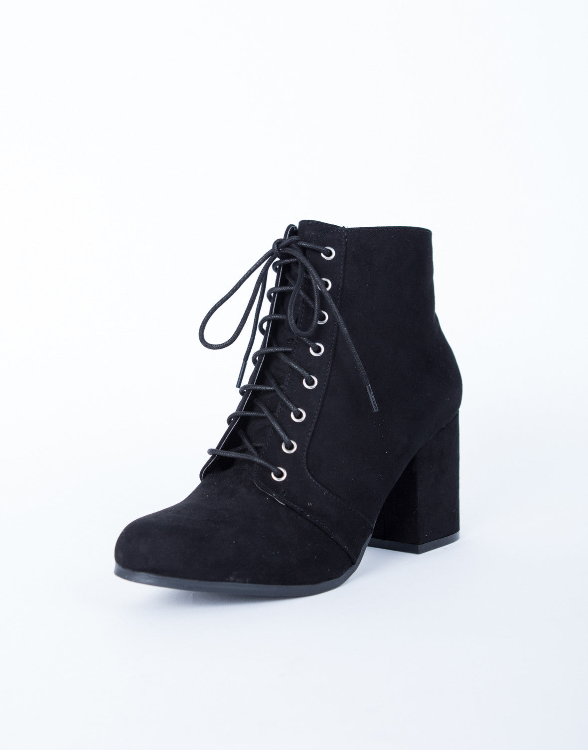 Lace-Up Suede Booties - Faux Suede Heel Boots - Chunky Heel Booties ...
