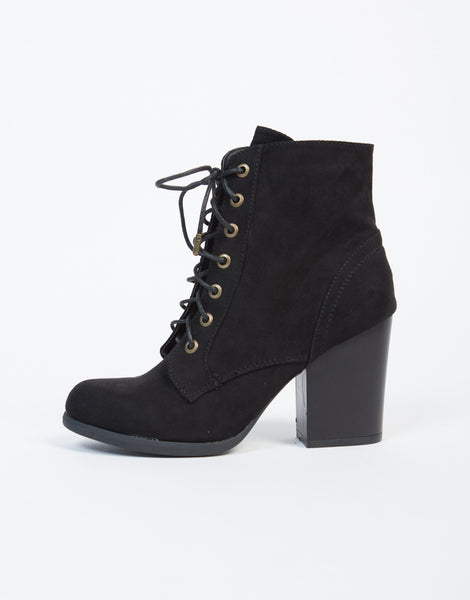 Lace-Up Wooden Heel Ankle Boots - Brown Leather Boots - Black Suede ...