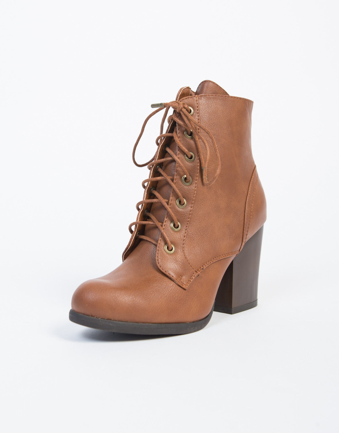 Lace-Up Wooden Heel Ankle Boots - Brown 