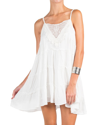 Lace Front Panel Ruffle Trim Dress - White