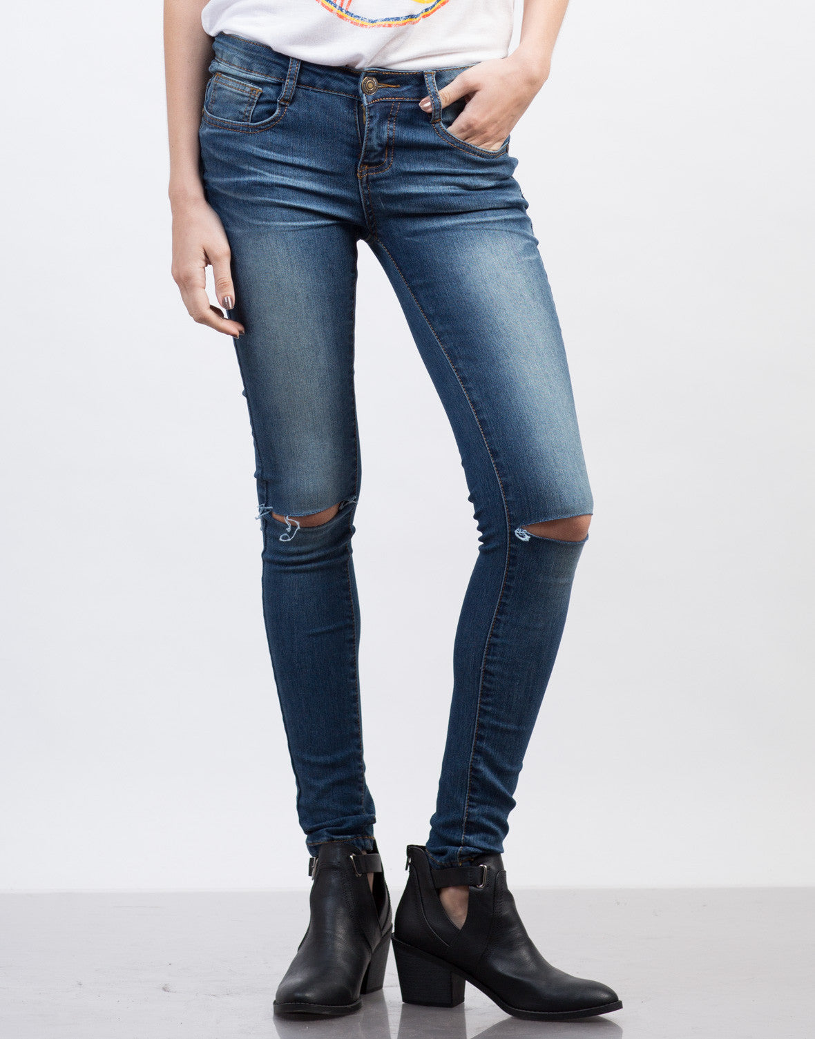 Lazer Cut Skinny Jeans - Ripped Knee Skinny Jeans - Blue Denim – 2020AVE