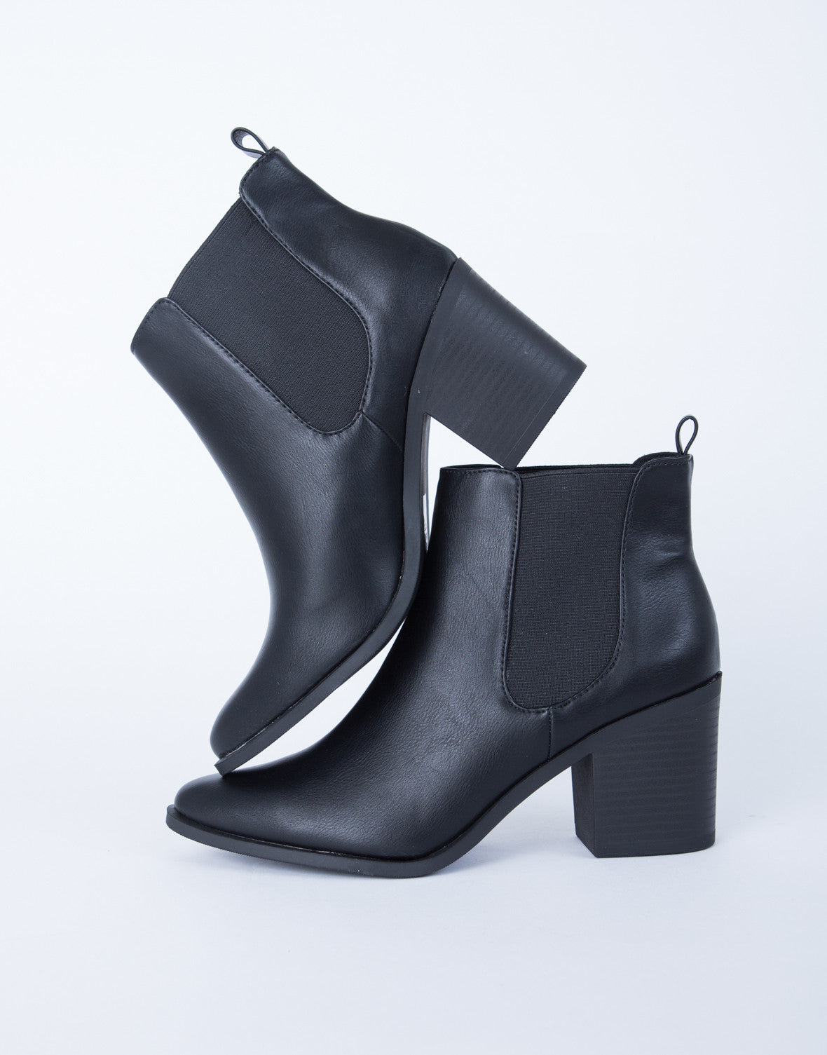 black leather block heel booties