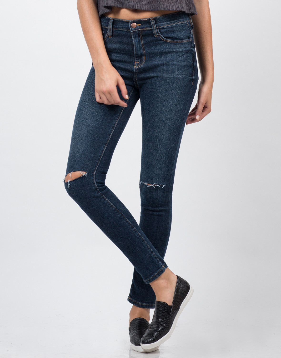 Mid Rise Knee Slit Skinny Jeans - Blue Jeans - Dark Denim – 2020AVE