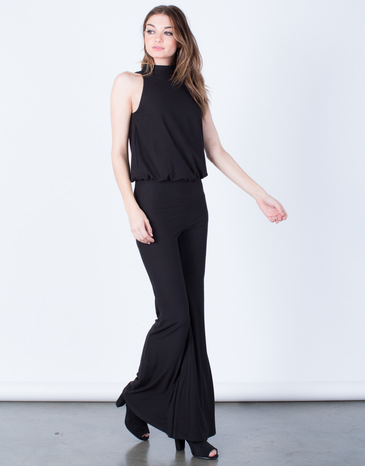 Mock Neck Jumpsuit - Black High Neck Jumpsuit - Wide Leg ...