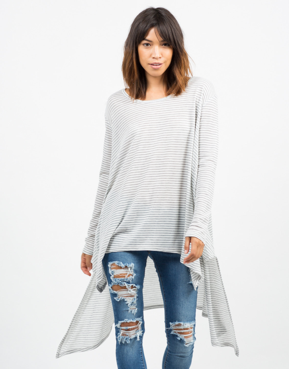 Oversized Asymmetrical Striped Top - Grey Top - Lightweight Top – 2020AVE