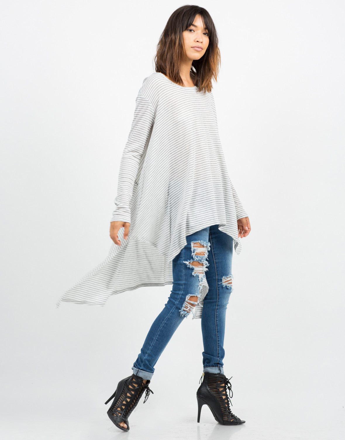 Oversized Asymmetrical Striped Top - Grey Top - Lightweight Top – 2020AVE