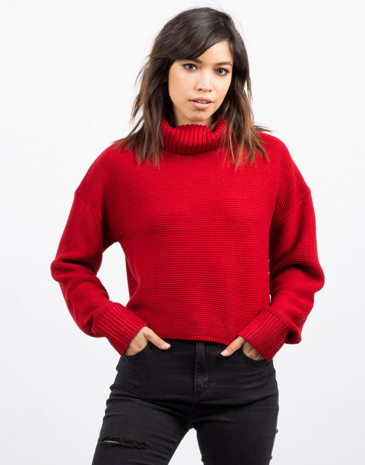  Oversized  Crop Turtleneck Sweater  Red Top Knit Sweater  