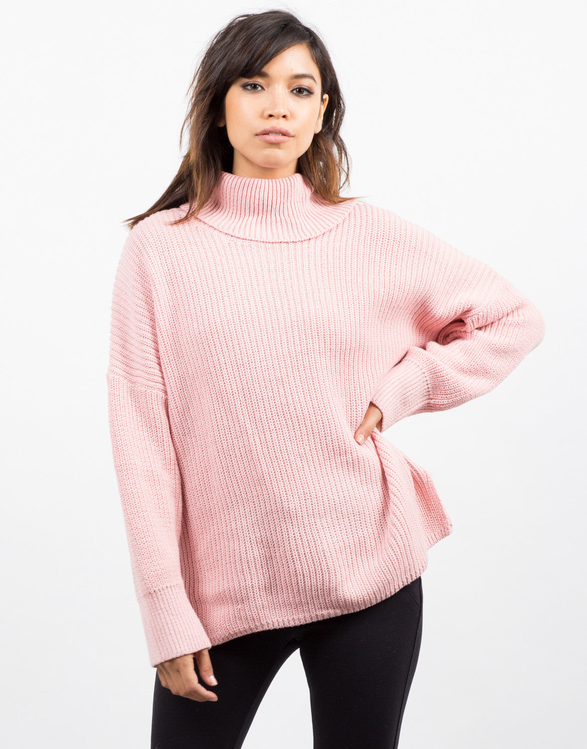  Oversized  Turtleneck Sweater  Pink Top Knit Sweater  