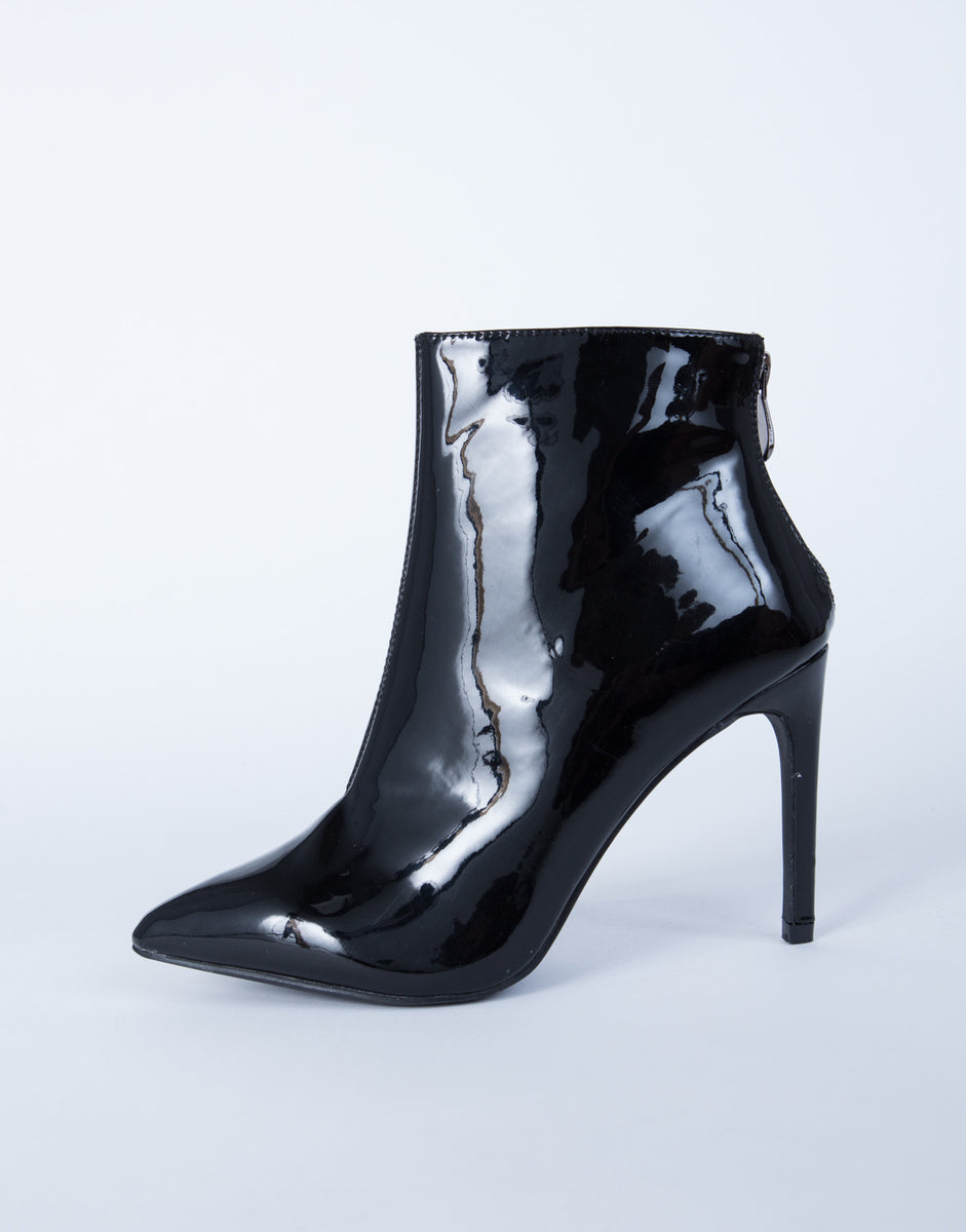 Patent Leather Heel Boots - Black Patent Booties - Pointy Toe Booties ...