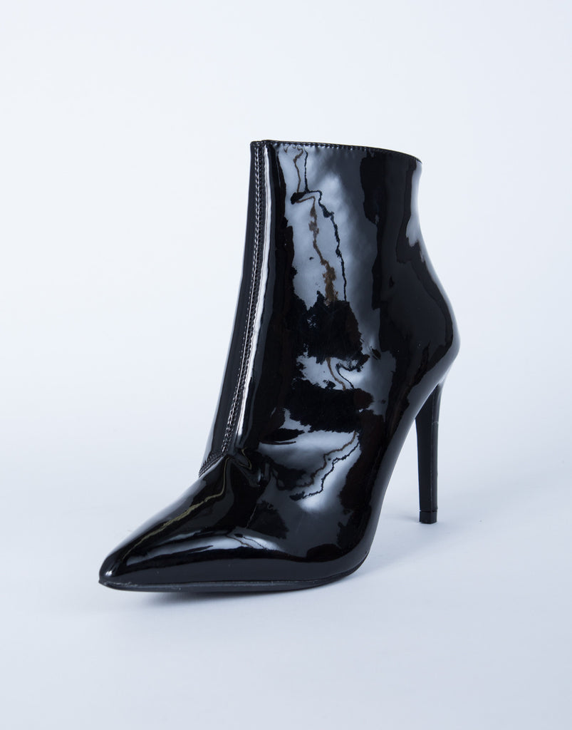 Patent Leather Heel Boots - Black Patent Booties - Pointy Toe Booties ...