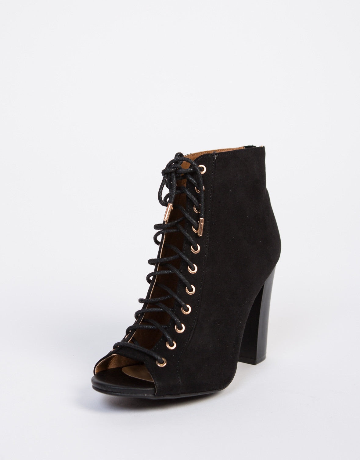 Peep Toe Lace-Up Booties - Black Lace Up Booties - Black Ankle Boots ...