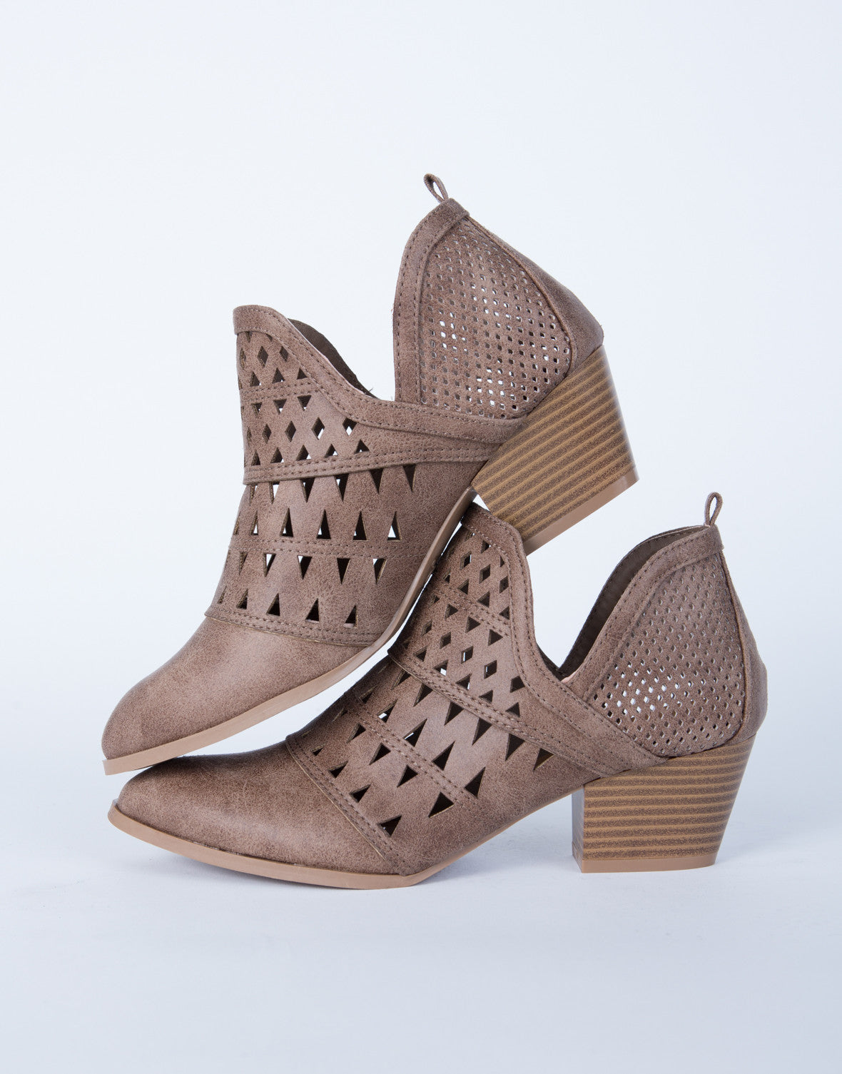 Perforated Cut Out Booties  Brown Ankle Booties  Low Cut  