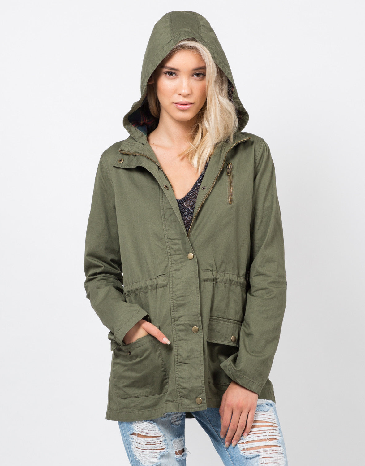 Plaid Hoodie Anorak Jacket - Green Jacket - Lighweight Coat – Outerwear ...