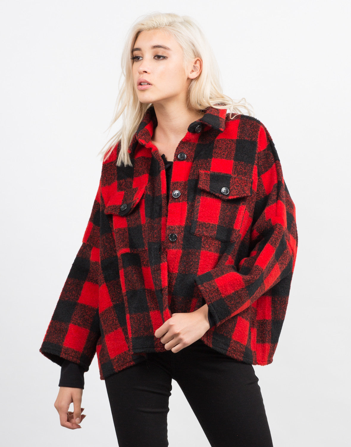 Plaid Oversized Button Up Coat - Red Coat - Checker Jacket – 2020AVE
