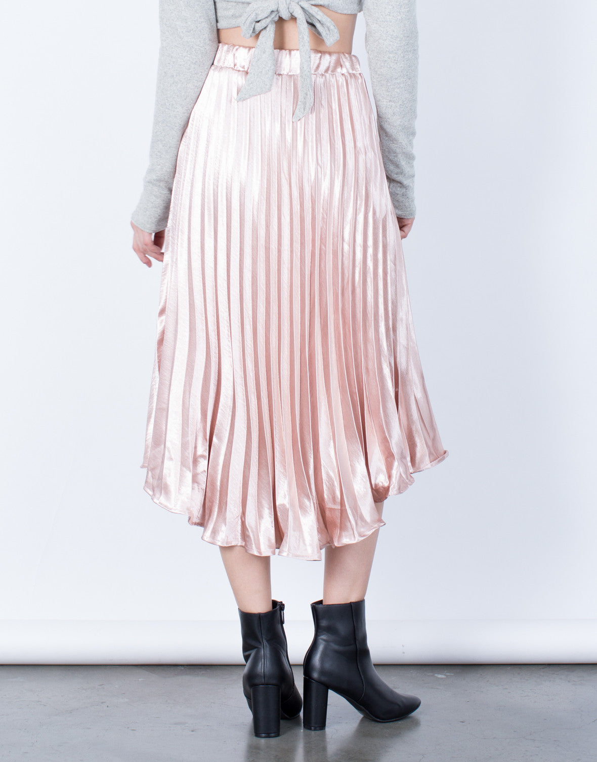 Pleated Metallic Skirt - Light Pink Midi Skirt - Pleated Satin Skirt ...