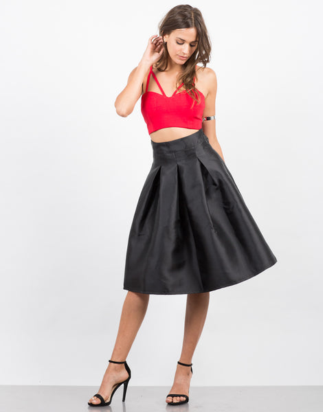 Pleated Nylon A-Line Skirt - Black Midi Skirt - Flare Skirt – Bottoms ...
