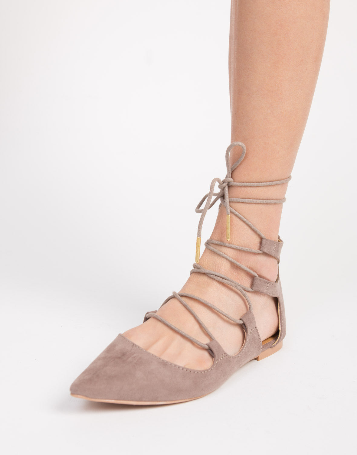 Pointy Lace-Up Flats - Lace Up Ballerina Flats - Brown Tied Up Flats ...