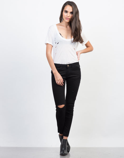 Release Those Hemlines Skinny Jeans - Black Ripped Knee Jeans – 2020AVE