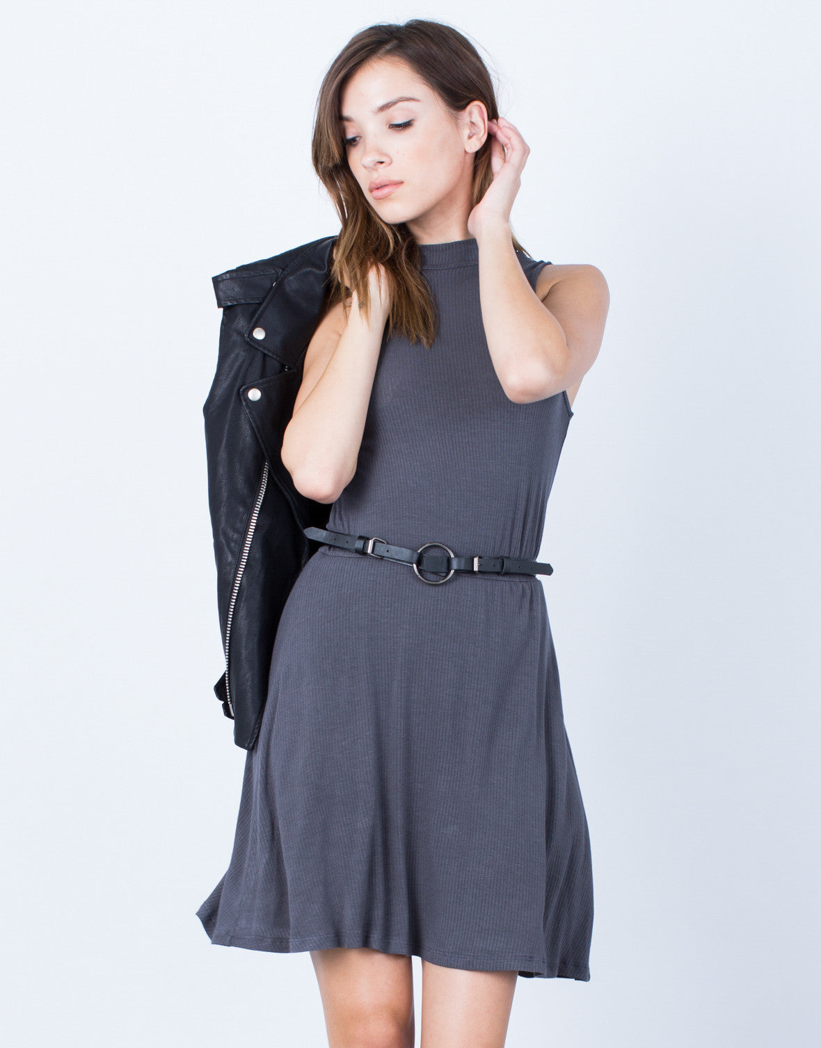 Download Ribbed Mock Neck Dress - Charcoal Flowy Dress - High Neck ...