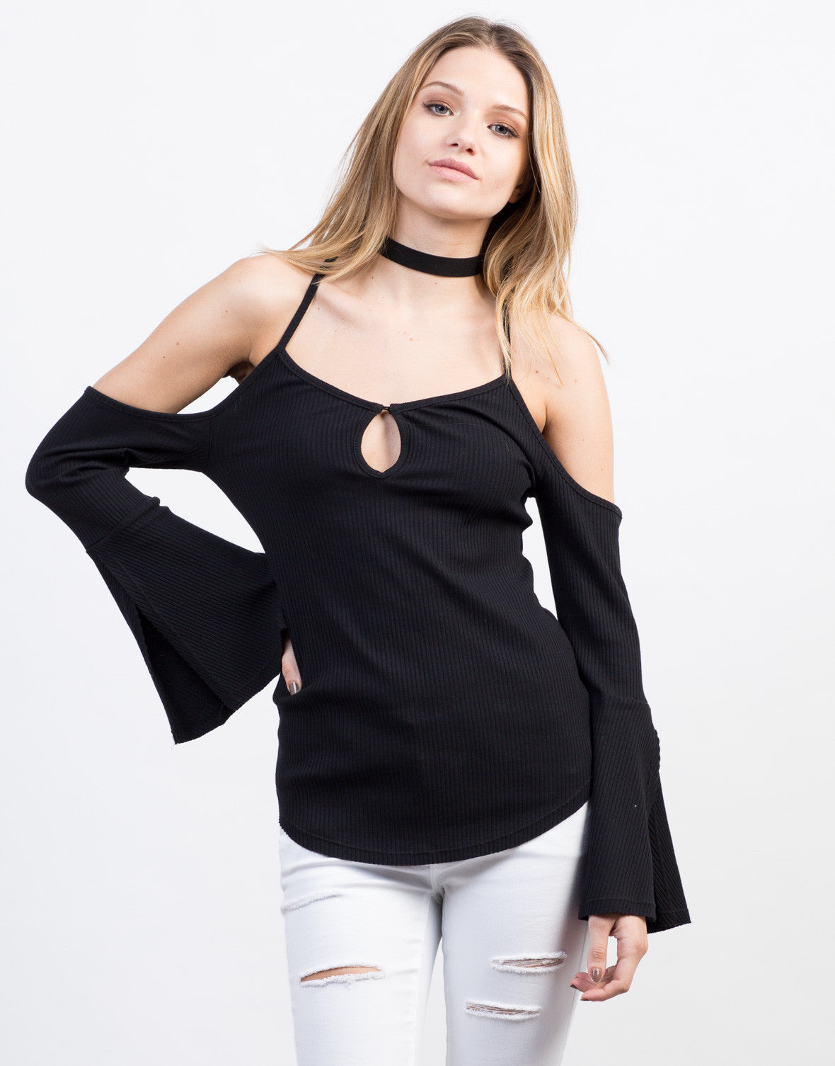 Ribbed Strappy Bell Sleeved Top - Ribbed Cold Shoulder Top – 2020AVE
