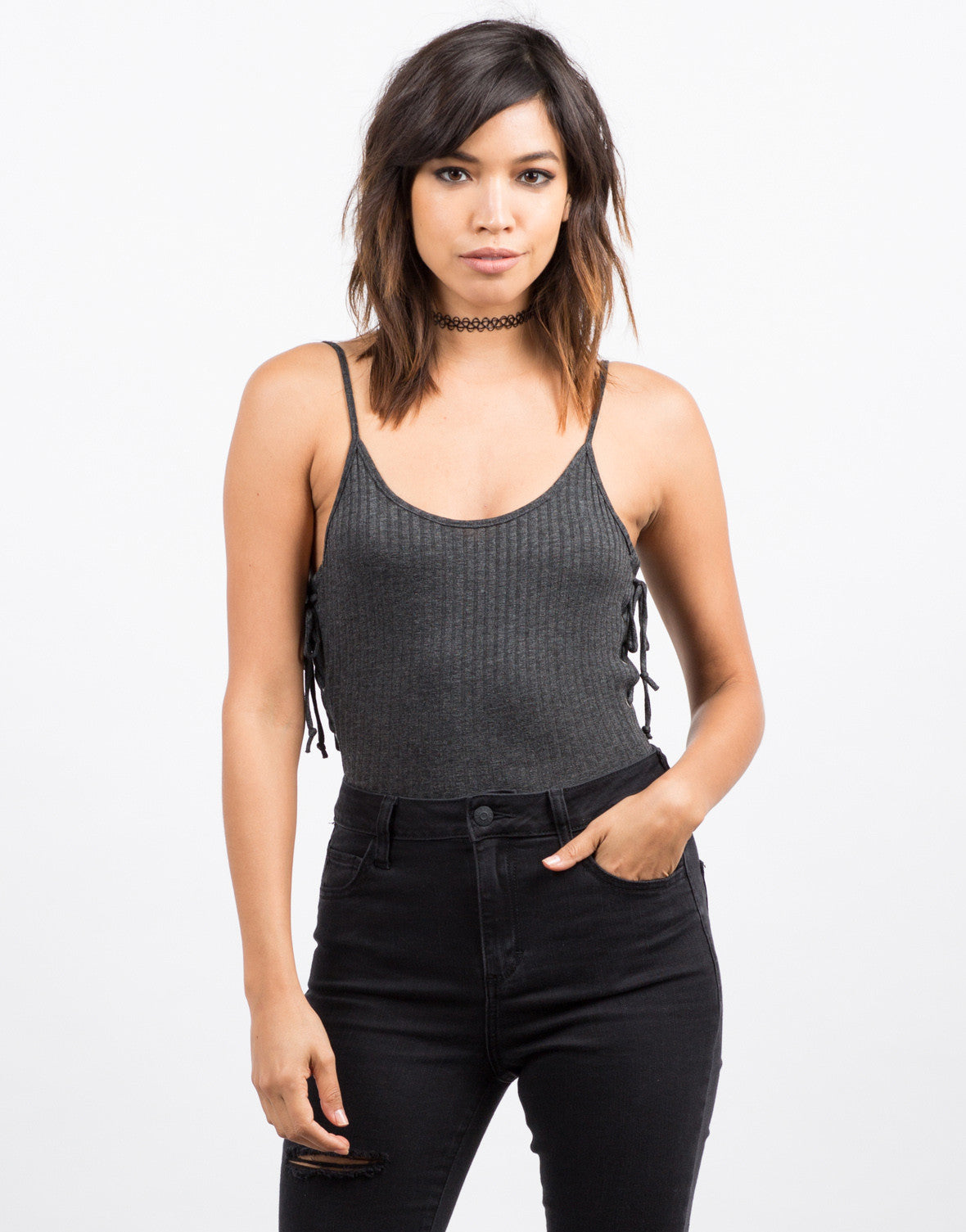 Ribbed Lace Up Bodysuit - Grey Bodysuit – Tops – 2020AVE
