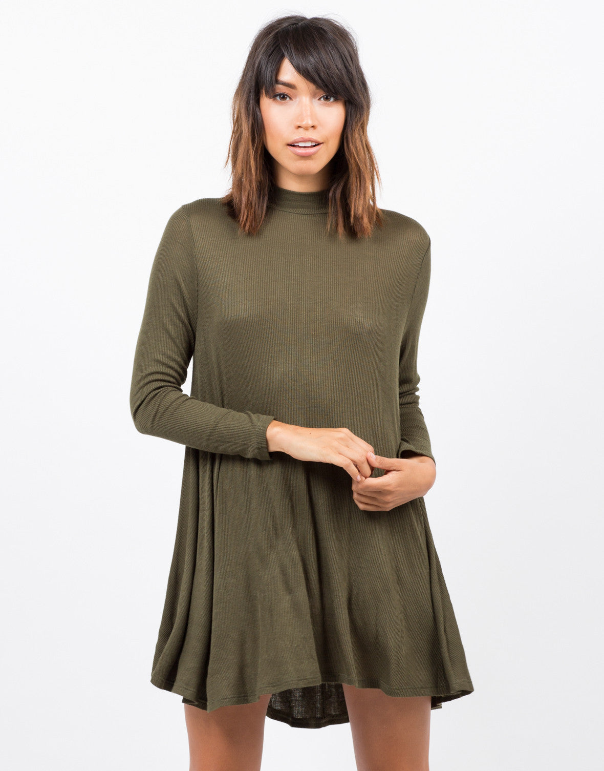 Ribbed Mock Neck Swing Dress - Green Dress - Day Dress – 2020AVE